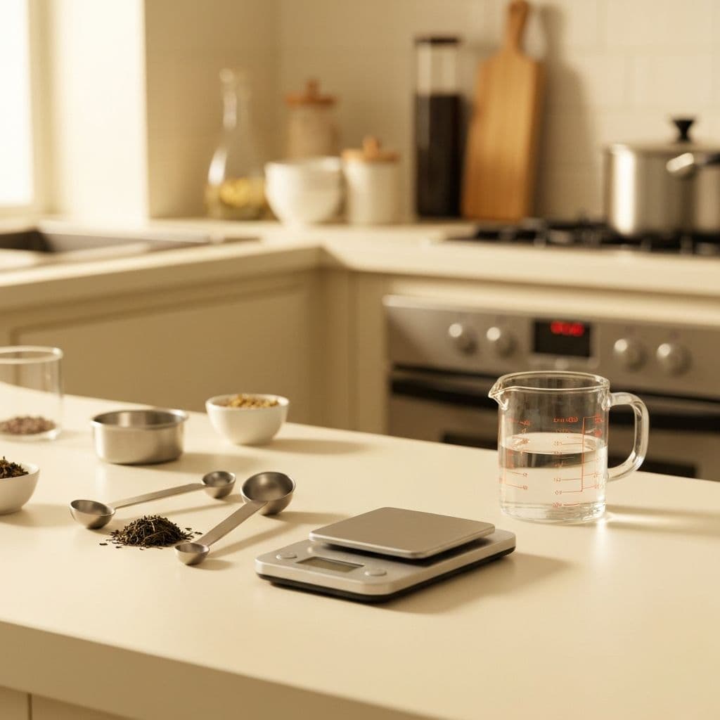 Measuring tea with scale and measuring cup