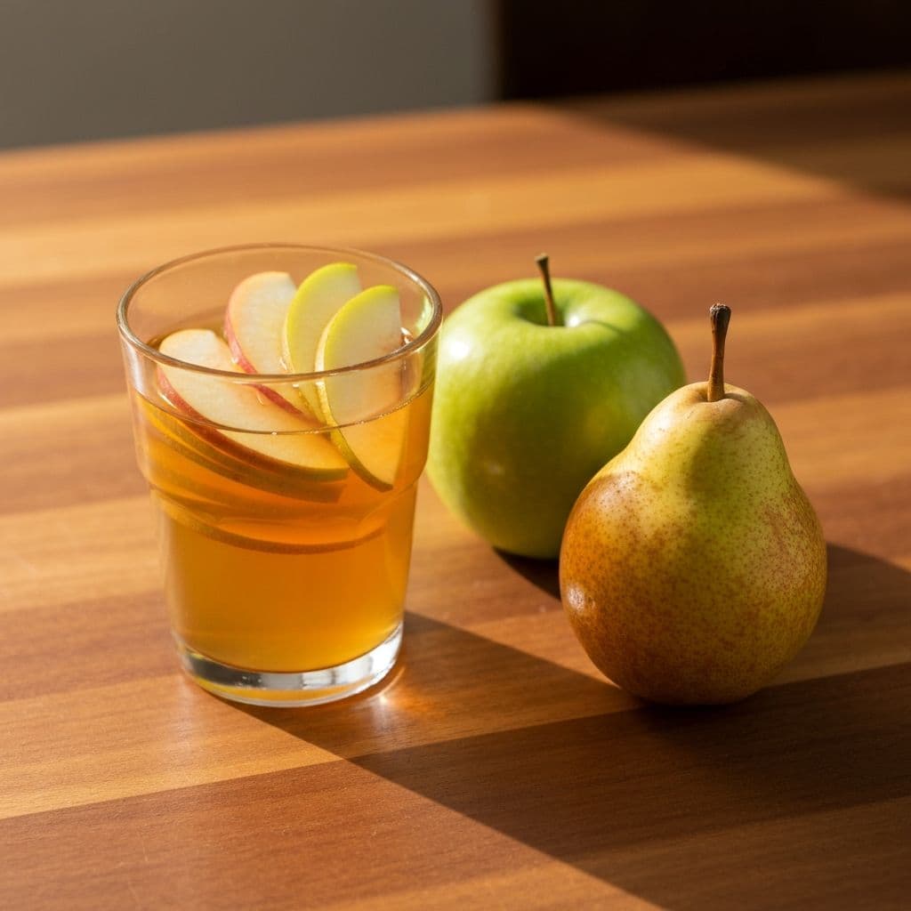 Glass of apple and pear cold brew tea with fresh fruit slices