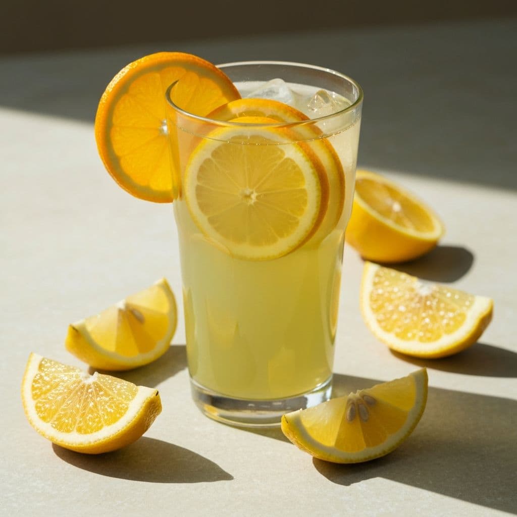 Glass of citrus green tea cold brew with orange and lemon slices