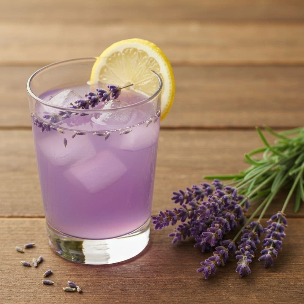 Glass of lavender lemon cold brew tea with dried lavender buds